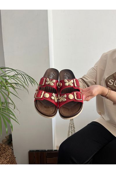 Behtah Kundura Red Butterfly Stone Stylish Design Soft Orthopedic High-Sole Daily Slippers
