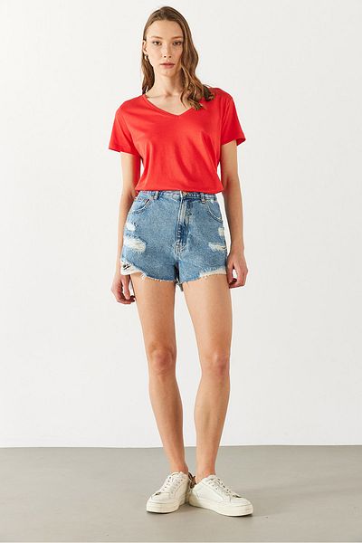 VENA Boyfriend V-Neck Regular Fit Modal T-Shirt(Tencel)(Tm) - Coral
