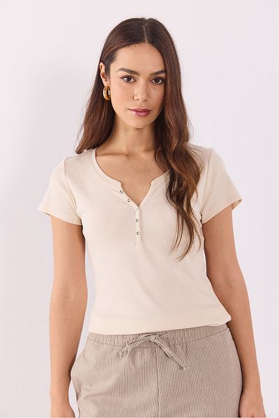 VENA Matilda Button Detailed Fitted T-Shirt - Stone