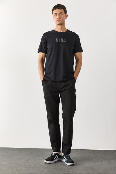 VENA Gabardine Chino Trousers with Elastic Waist - Black