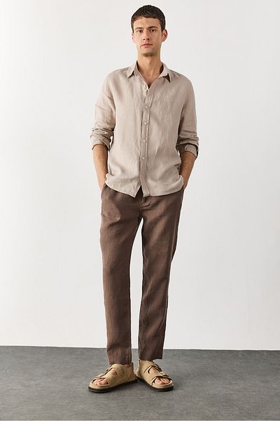 VENA Ken Elastic Waist Linen Chino Trousers - Brown