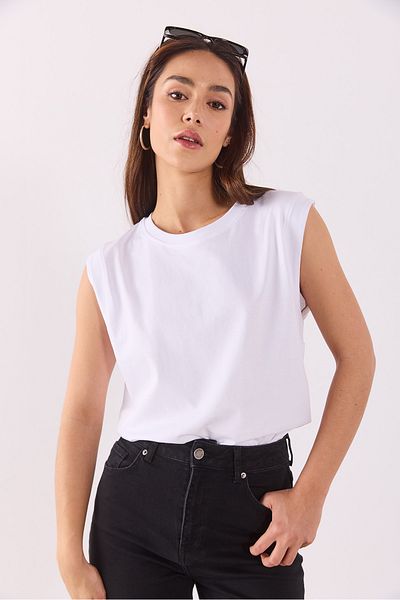 VENA Crew Neck Sleeveless Cotton T-Shirt - White