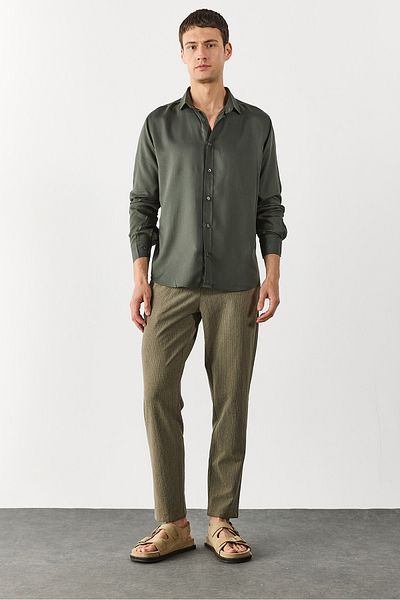 VENA Παντελόνι Alfred με ελαστική μέση με ρίγες Seersucker - KHAKI STRIPED