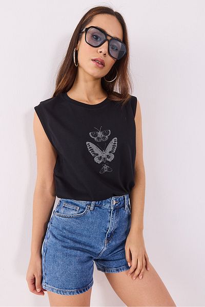 VENA Tricou cu imprimeu fluture - NEGRU