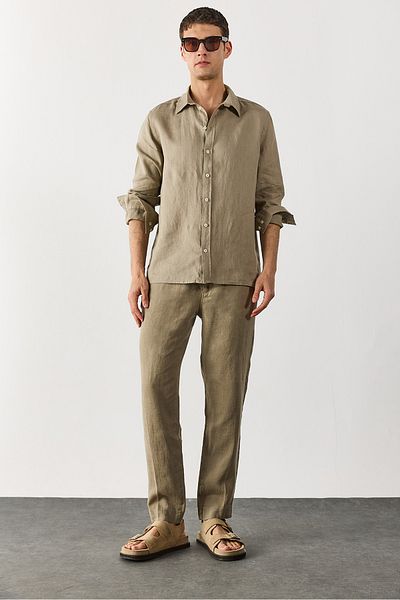 VENA Ken Elastic Waist Linen Chino Trousers - Khaki