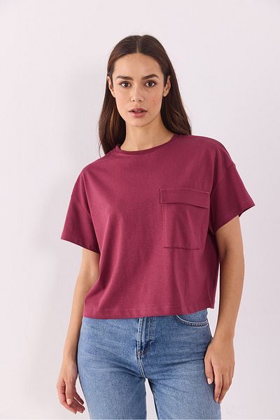 VENA Tricou Jayla cu buzunar cu decolteu rotund - Roșu Claret