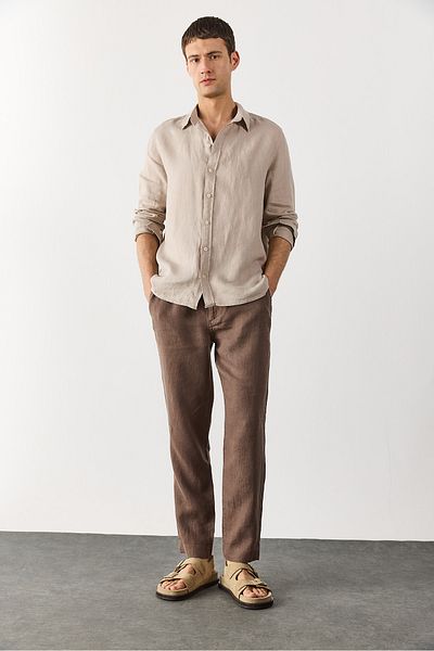VENA Ken Elastic Waist Linen Chino Trousers - Brown