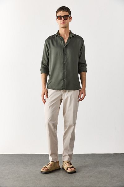VENA Gabardine Chino Trousers with Elastic Waist - Stone