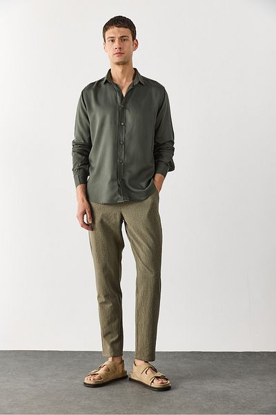 VENA Παντελόνι Alfred με ελαστική μέση με ρίγες Seersucker - KHAKI STRIPED