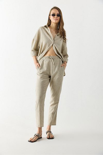 VENA Alian Waist Elasticated Pinstripe Linen Trousers - Dark Blue Striped