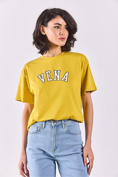 VENA Tricou cu decolteu rotund cu imprimeu jeans - galben