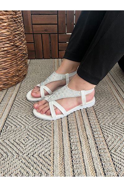 Behtah Kundura White Elastic Summer Stone Women's Slippers Sandals Comfortable Light Sole