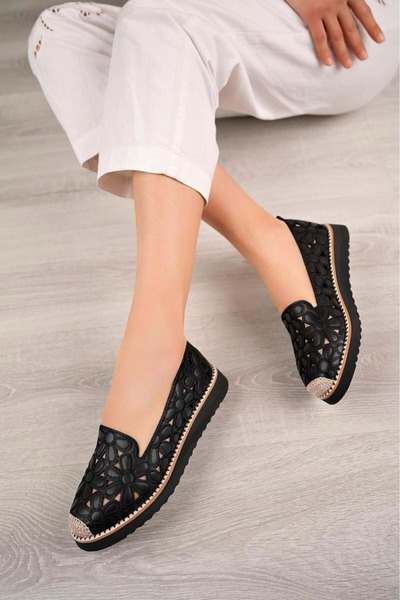 KOCAMANLAR Feles Floral Λεπτομερή Γυναικεία Παπούτσια Μπαλαρίνας ΜΑΥΡΟ