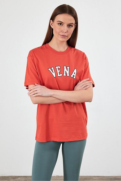 VENA Τζιν μπλουζάκι με στάμπα Crew Neck Regular Fit - Τερακότα