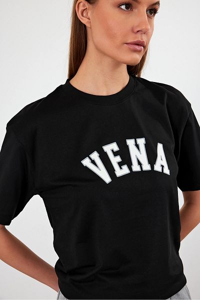 VENA Tricou cu decolteu rotund cu imprimeu jeans - negru