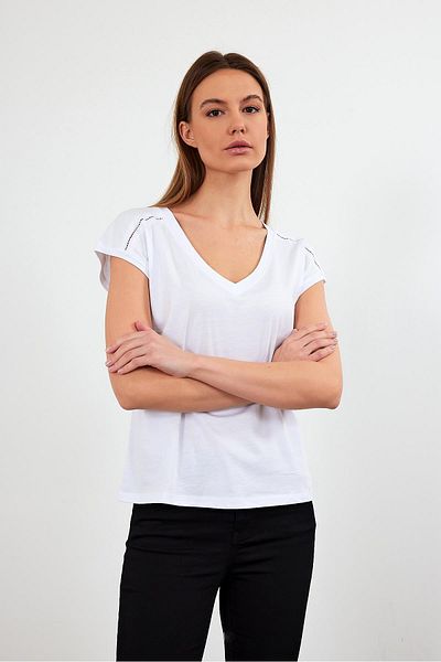 VENA Μπλουζάκι Khloe V-Neck Regular Fit Lace Detailed T-Shirt (Modal) - Λευκό