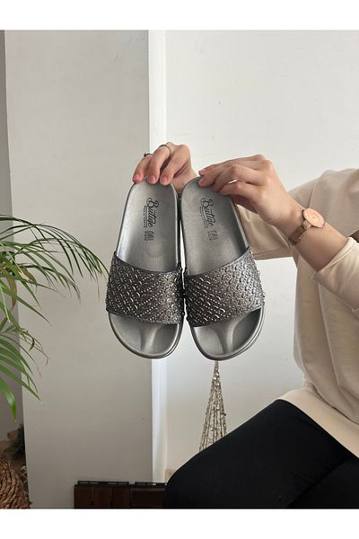 Behtah Kundura Ασημί Glitter Stone Ορθοπεδική Μαλακή Σόλα Comfort Μοντέλο Παντόφλες Καθημερινές άνετες παντόφλες