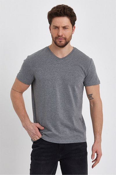 VENA Μπλουζάκι Nick V Neck Slim Fit Basic - Γκρι μελανζέ