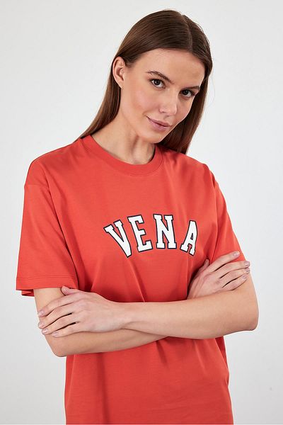 VENA Τζιν μπλουζάκι με στάμπα Crew Neck Regular Fit - Τερακότα