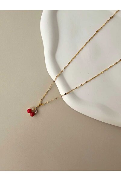 Zivazer Store kadın çelik kiraz charmlı minimal altın renkli kolye