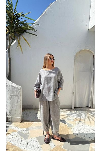 REFİŞ BUTİK VE AKSESUAR Linen Bohemian Cut Shalwar and Top Set (Bel Kismi Dar)