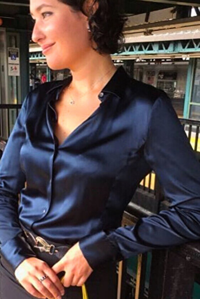 thesunfyre Жіноча синя елегантна та повсякденна сорочка з довгими рукавами, вузьким кроєм та ґудзиками з атласу