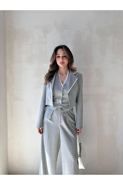 Rabia Çelik Women's Gray Lace Detailed High Waist Pants Vest Blazer Jacket 3-Piece Suit