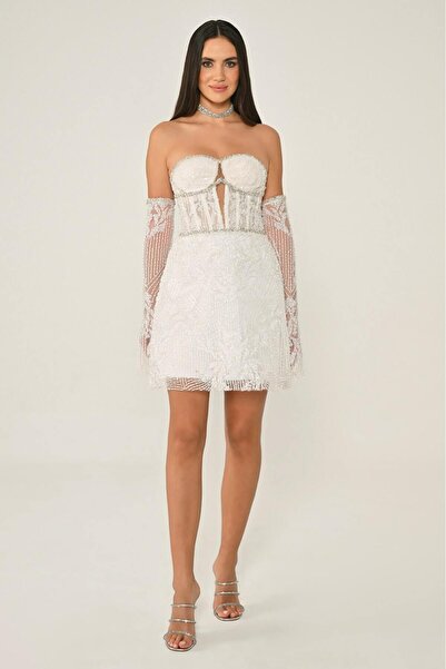 ALFABETA KADIN ABİYE STRAPLEZ TAŞLI BONCUK İŞLEMELİ KISA ŞIK ELBİSE