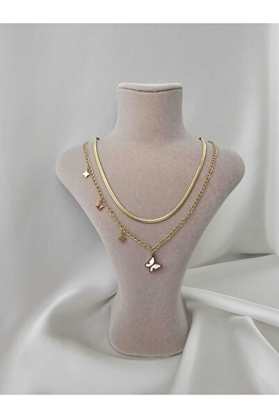 Zivazer Store kadın çelik çift zincir kelebek yıldız detaylı altın renkli kolye