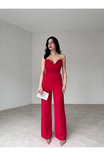 munora butik Heart Collar Strapless Red Jumpsuit