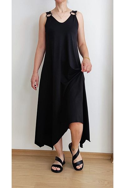 EKAY Zero Sleeve Ring Asymmetrical Black Long Dress