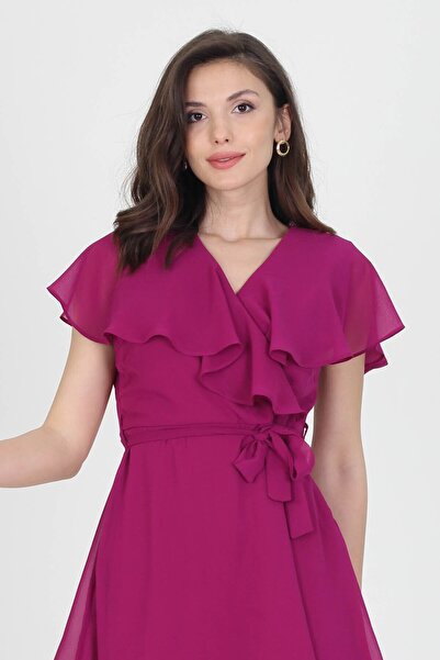 XXL BUTİK Kadın Kruvaze Yaka Bağlama Detaylı Yeni Sezon Şifon Elbise Btq030