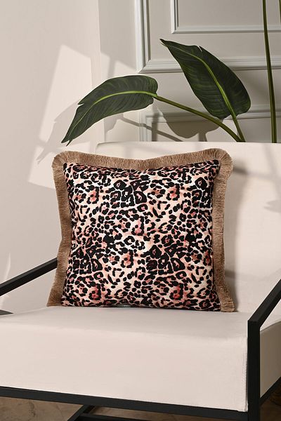 decofav Husă de pernă din catifea imprimată cu model leopard cu detaliu franjuri