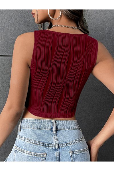 Wild Flower Crop de vară burgundă împletită, elastică, slim-fit, cu guler pătrat
