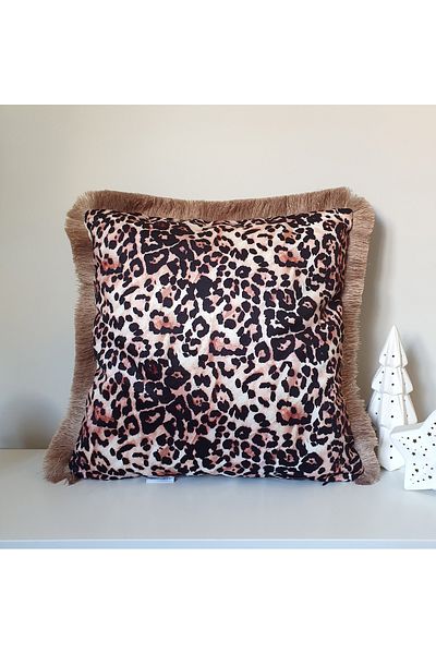 decofav Husă de pernă din catifea imprimată cu model leopard cu detaliu franjuri