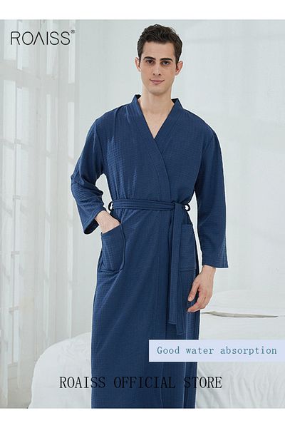ROAISS Women and Men Waffle Kimono Bathrobe Cotton Sleepwear Spa Robe Nightwear