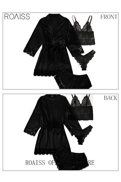ROAISS 4 Pack Women's Nightwear Sets Silk Satin Sleepwear Pajama Summer Home Wearing Clothes Suits Embroide
