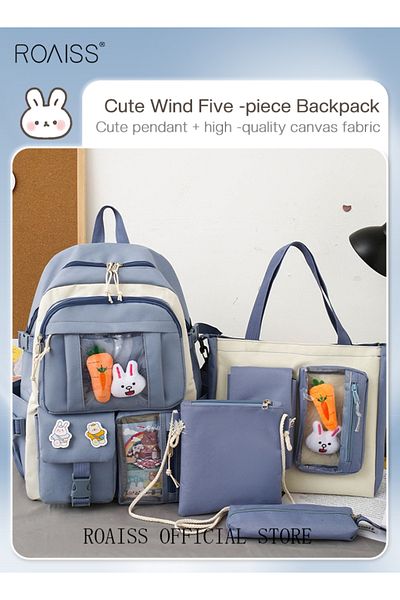 ROAISS 4-Piece Set of Cute Backpack Women's Bag Lightweight Elementary School Students Girls Large Capacity
