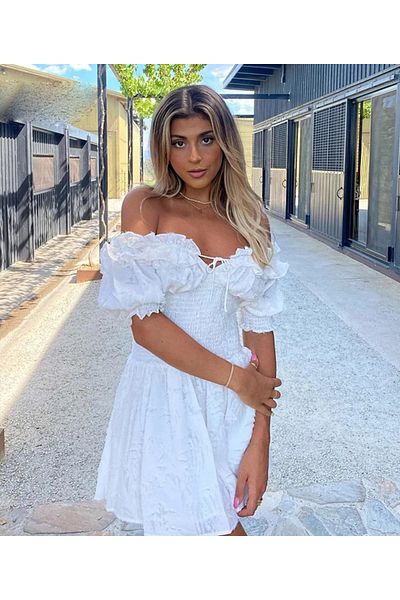 FASHION COCKTAIL Φυσικό καλοκαιρινό φόρεμα Bohemian - Puff μανίκια με γούνινο και δέσιμο στο στήθος
