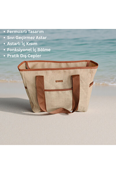 Ufuk Straw Beach Bag Large Size - Zippered, Liquid Proof Bag