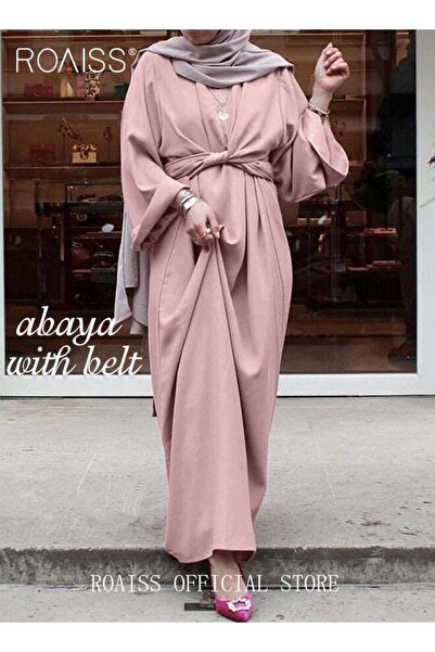 ROAISS عباية مع حزام للنساء فستان بأكمام طويلة