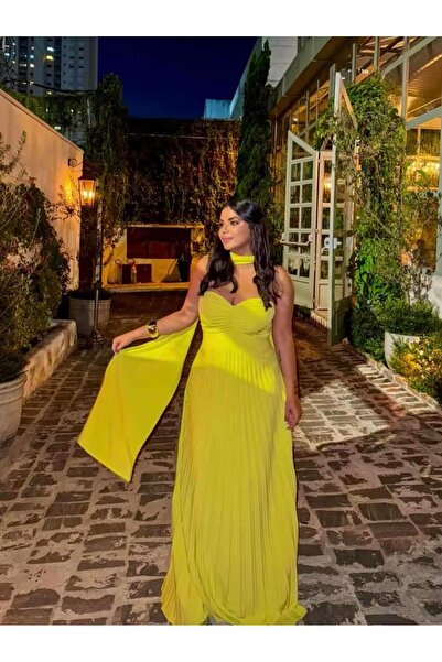 theanemos LIME YEŞİLİ BOYUN DETAYLI STRAPLEZ UZUN ELBİSE