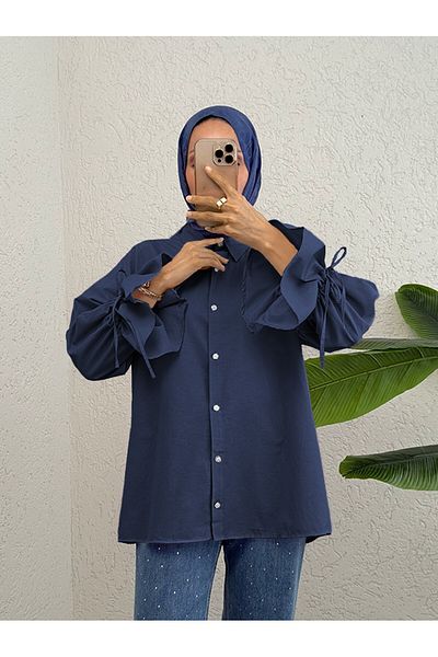 Modamorfo Marineblaues Hemd mit Falten und gerafften Ärmeln