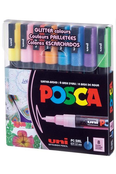 UNİ-BALL Uni Posca Water Based Marker Set 8 Glitter Colors 0.9mm 1.3mm Pc3Ml