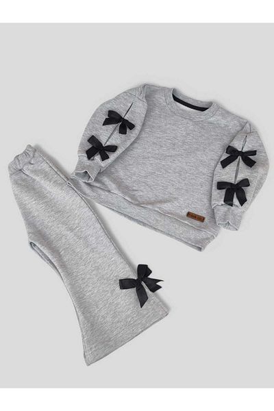 Hobidik Girl's Gray Bow Tie Casual Bottom Top Set