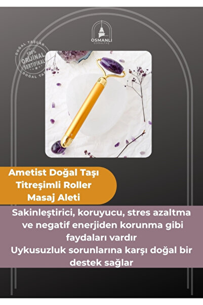 OSMANLI DOĞAL TAŞ Sertifikalı Ametist Doğal Taşı Titreşimli Roller Masaj Alet...