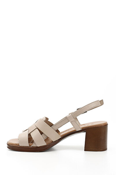 GÖNDERİ(R) Women's Beige Antique Knitted Strappy Thick Heeled Genuine Leather Sandals