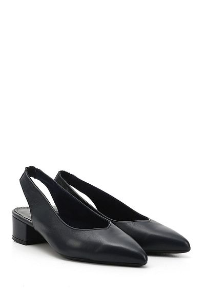 GÖNDERİ(R) Women's Navy Blue Antique Thick Heeled Open Back Genuine Leather Shoes