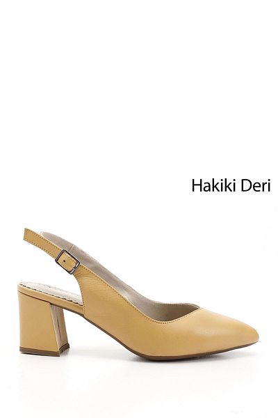 GÖNDERİ(R) Mustard Gön Genuine Leather Pointed Toe Thick Heeled Women's Summer Shoes 24118