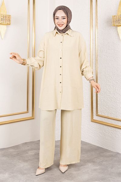 Tesettür Dünyası Double Suit with Stitching Detail Tsd250180 Beige